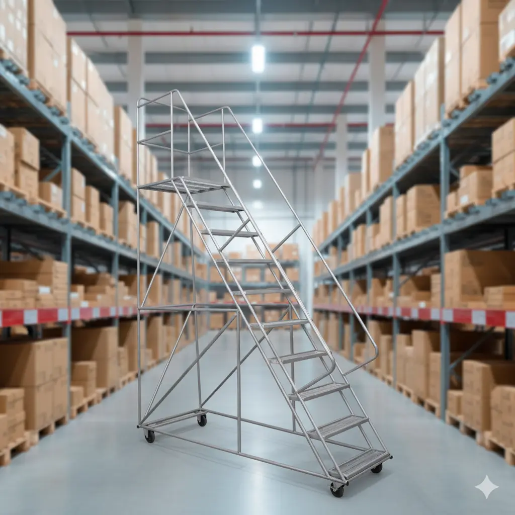 Escalera tipo avión galvanizada en bodega retail con estanterías altas