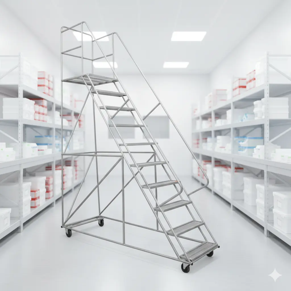 Escalera tipo avión en laboratorio farmacéutico limpio y organizado