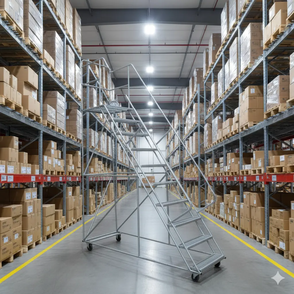 Escalera tipo avión en centro logístico 3PL con racks de pallets